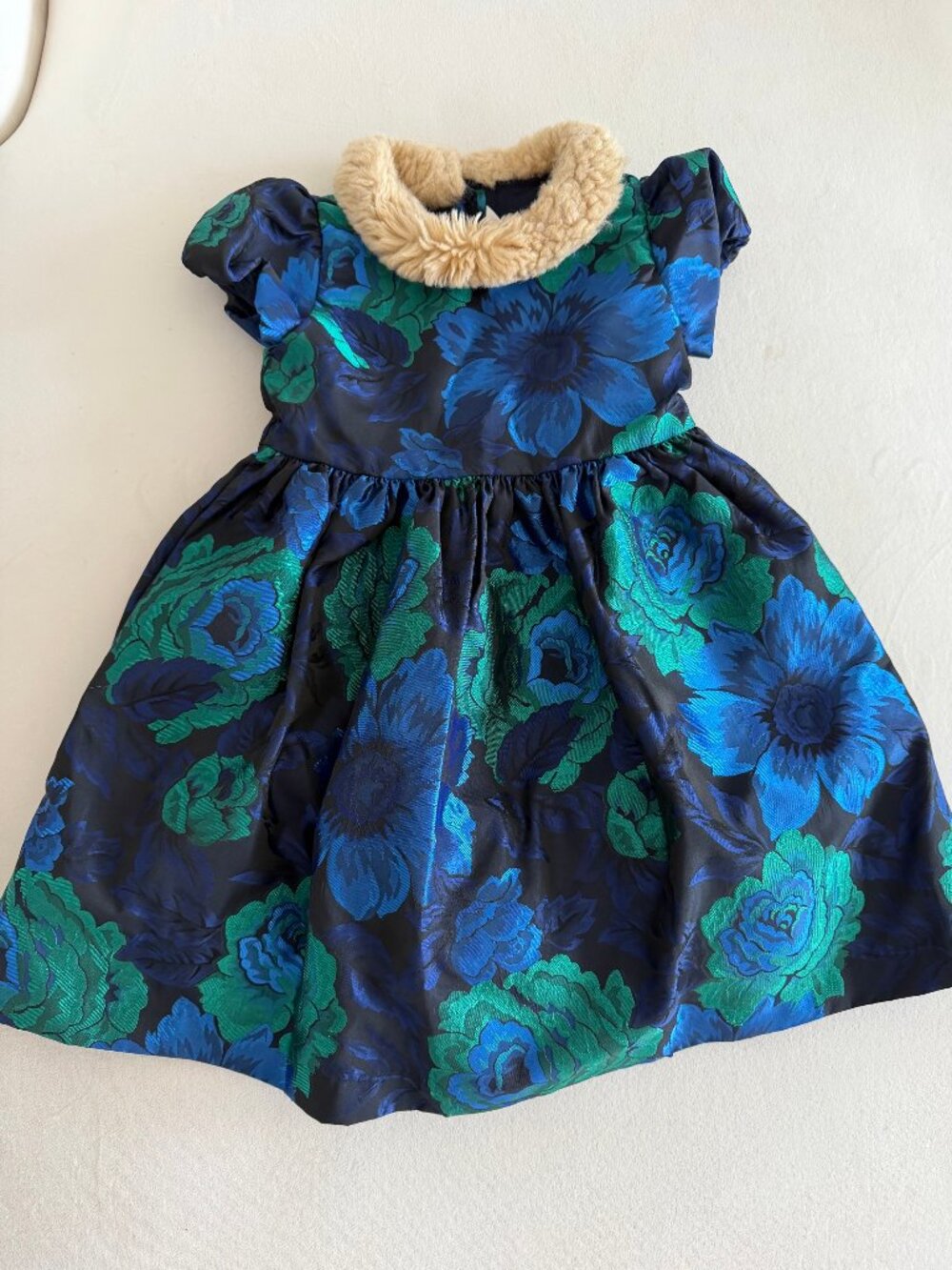 Janie and Jack Floral Jacquard Faux Fur Collar Dress Size 3